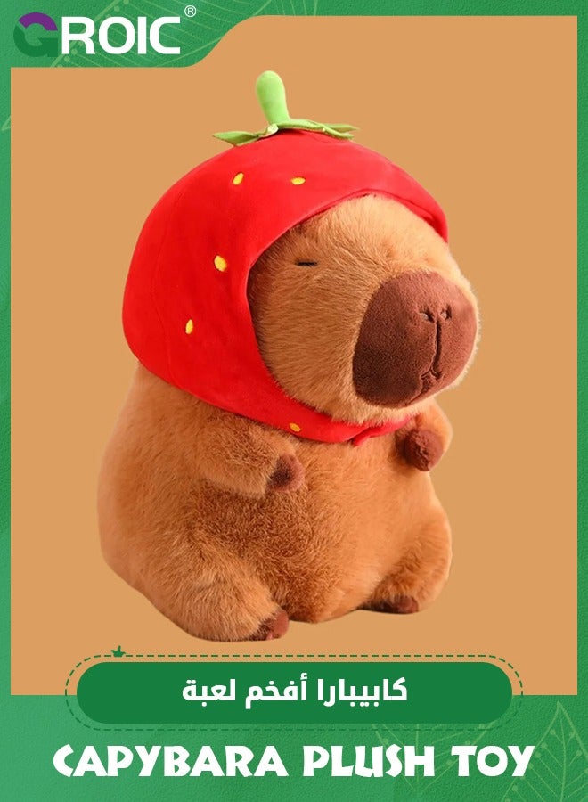 GROIC Cute Capybara Plush Wear Strawberry Hat,25cm Kawaii Capybara Stuffed Animal Soft Doll Capybara Toys, Strawberry Capybara Toy Hugging Gifts for Kids - Image 1