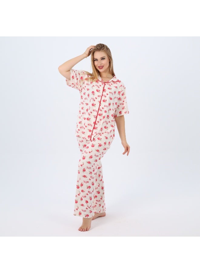 zecotex  Plus Size Women's Cotton Pajama Set | 2-Piece Floral Sleepwear with Button-Up Top & Full-Length Pants | Classic Summer Loungewear (3XL–5XL)  - Image 5
