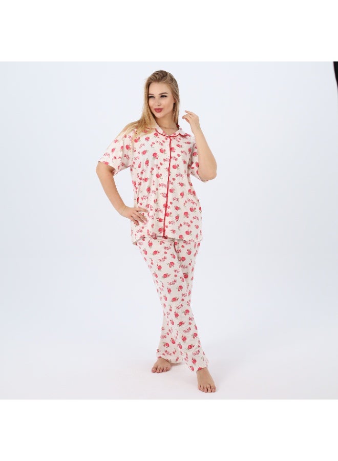 zecotex  Plus Size Women's Cotton Pajama Set | 2-Piece Floral Sleepwear with Button-Up Top & Full-Length Pants | Classic Summer Loungewear (3XL–5XL)  - Image 3