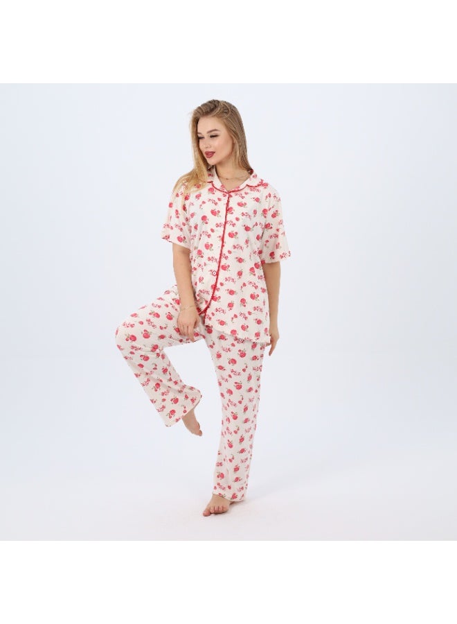 zecotex  Plus Size Women's Cotton Pajama Set | 2-Piece Floral Sleepwear with Button-Up Top & Full-Length Pants | Classic Summer Loungewear (3XL–5XL)  - Image 4