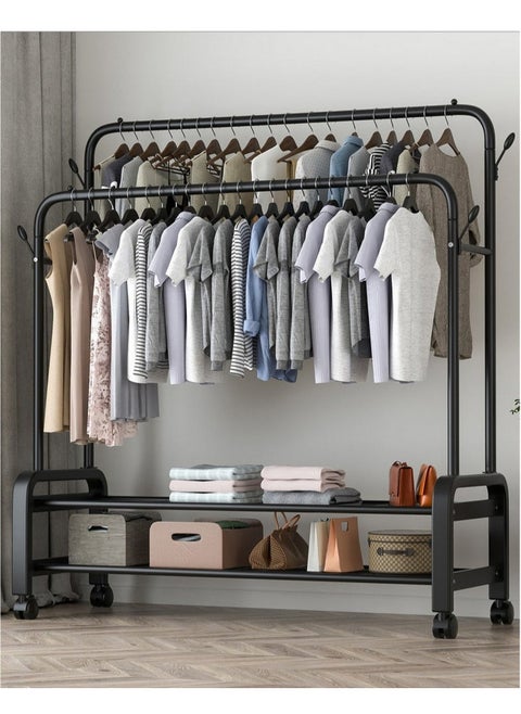 Metal Clothes Hanger Organizer and Black Clothes Stand with Wheels 130x58x162 cm