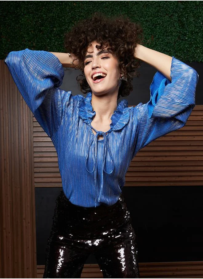أثينا Plisse Tie Up Neck Top with Bell Sleeves by Styli
