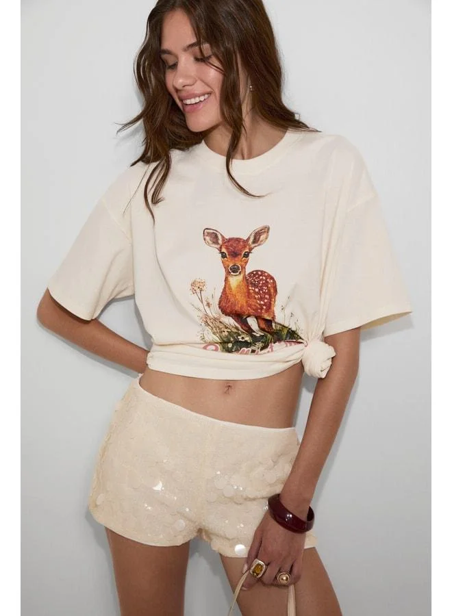 Ethiquet ORISTANO Women's 100% Organic Cotton Thick Texture Oversized Fit Printed Beige T-Shirt.
