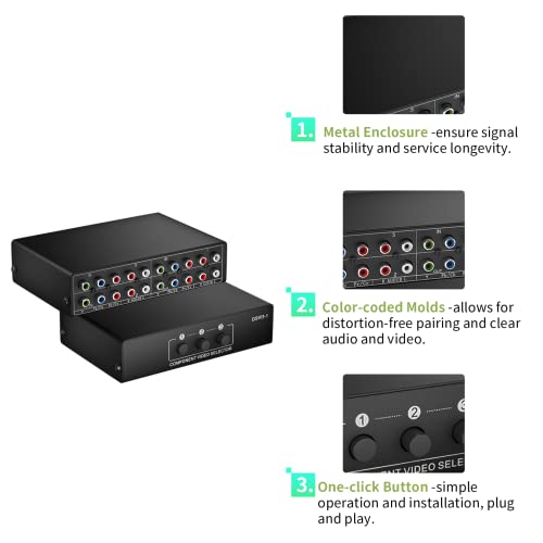 BolAAzuL Component AV Video Switch Box 3 in 1 Out, BolAAzuL 3 Port 5 RCA YPbPr Cable RGB Component AV Switcher Selector Converter 3-Way Plug & Play for Retro Gaming PS2 Wii Xbox DVD Player TV - Image 4