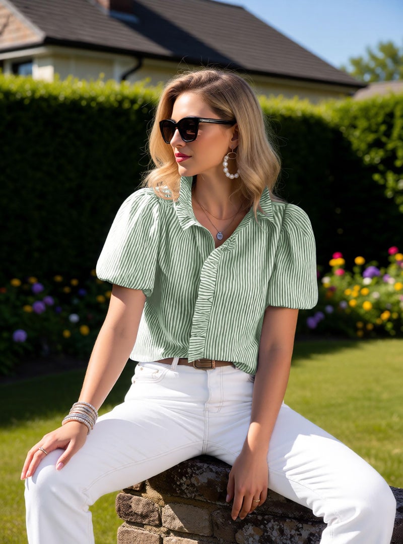 Disamer Womens Puffy Sleeves Tops Button Down Shirt Ruffle Shirt Short Striped Work Tops Trendy Babydoll Stand Collar Blouse,Striped Green,Medium - Image 5