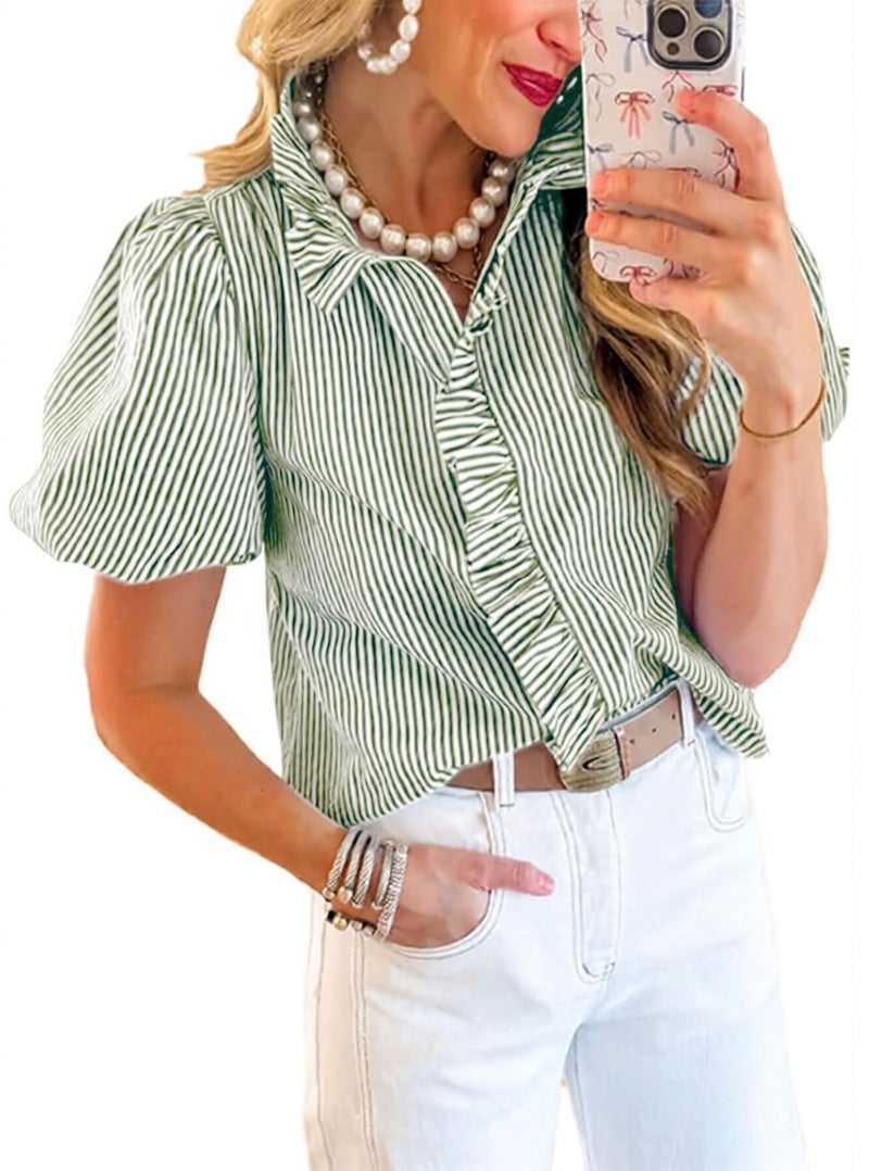 Disamer Womens Puffy Sleeves Tops Button Down Shirt Ruffle Shirt Short Striped Work Tops Trendy Babydoll Stand Collar Blouse,Striped Green,Medium - Image 1