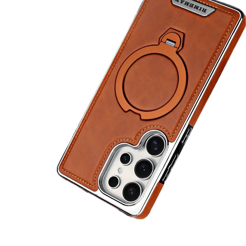 غطاء MagSafe بملمس جلد لـ Samsung Galaxy S24 باللون Elegant Brown مغناطيسي بوظيفة حامل مع مغناطيس دوار وحامل قائم مع مقاوم للصدمات مع حماية من السقوط مع مقاومة بصمات الأصابع - Image 4