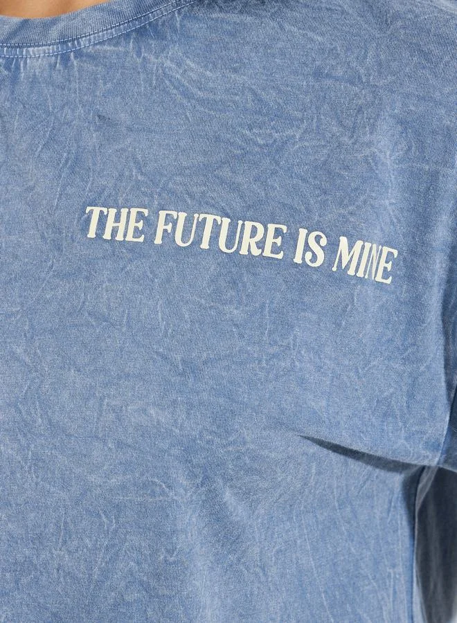 Styli Acid Wash Future Slogan T-Shirt with Dropped Shoulder