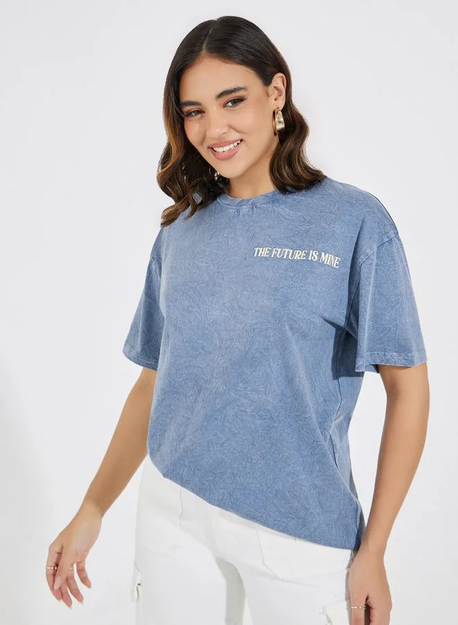 Styli Acid Wash Future Slogan T-Shirt with Dropped Shoulder