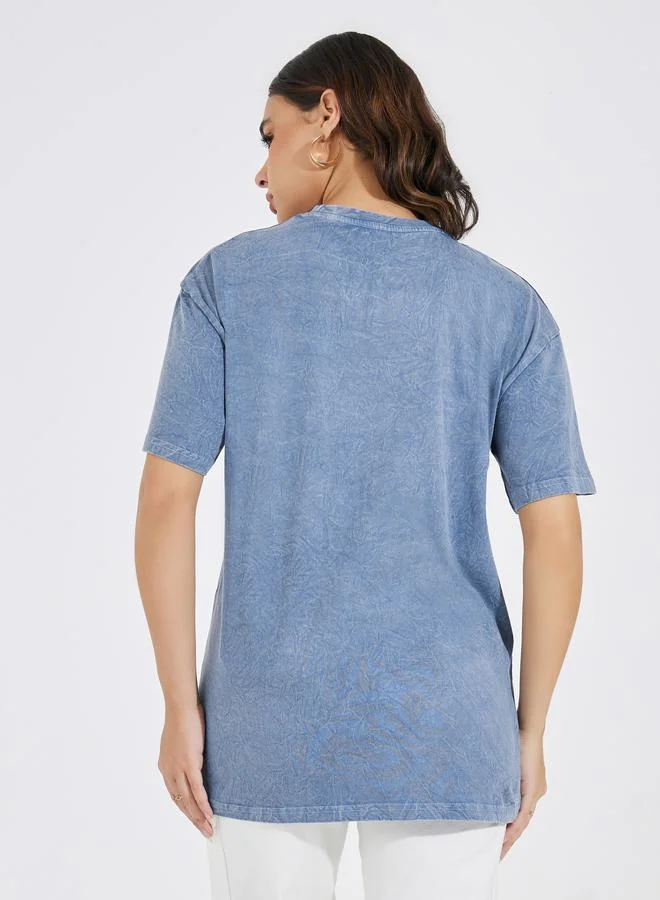 Styli Acid Wash Future Slogan T-Shirt with Dropped Shoulder