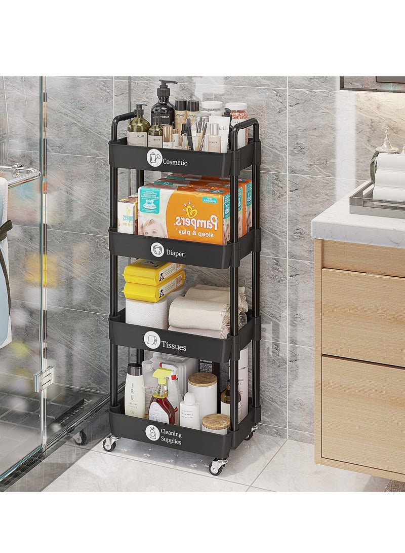 يوفان عربة بلاستيكية دوارة متعددة الاستخدامات بأربع طبقات مع مقبض، عربة تخزين متعددة الوظائف للمكتب وغرفة المعيشة والمطبخ، منظم تخزين متحرك بعجلات، لون أسود - Image 5