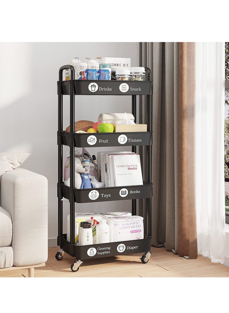 يوفان عربة بلاستيكية دوارة متعددة الاستخدامات بأربع طبقات مع مقبض، عربة تخزين متعددة الوظائف للمكتب وغرفة المعيشة والمطبخ، منظم تخزين متحرك بعجلات، لون أسود - Image 3
