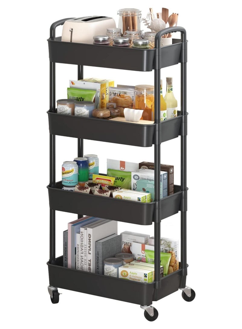 يوفان عربة بلاستيكية دوارة متعددة الاستخدامات بأربع طبقات مع مقبض، عربة تخزين متعددة الوظائف للمكتب وغرفة المعيشة والمطبخ، منظم تخزين متحرك بعجلات، لون أسود - Image 1