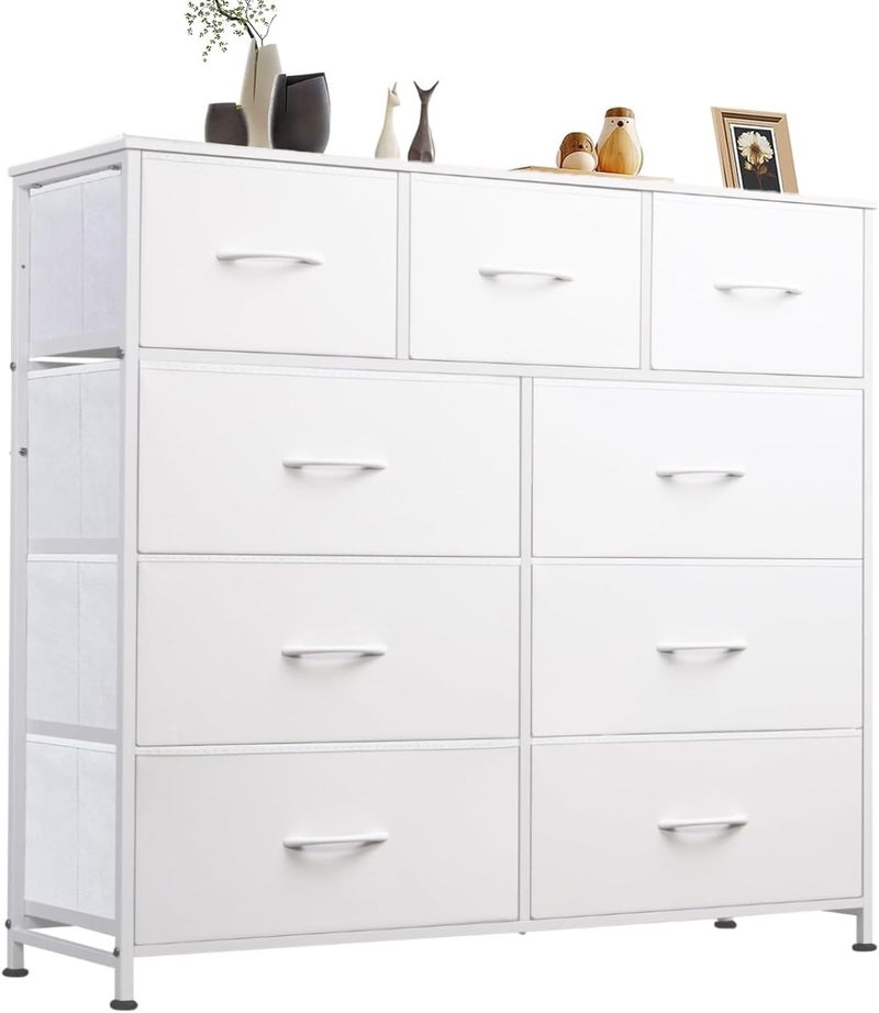 SKY-TOUCH Storage Cabinet : Bedroom Dresser with 9 Drawers Wide Storage Chest with Removable Fabric Bins Storage Organizer Unit for Living Room Entryway Hallway Nursery Kids Room wHITE - Image 1