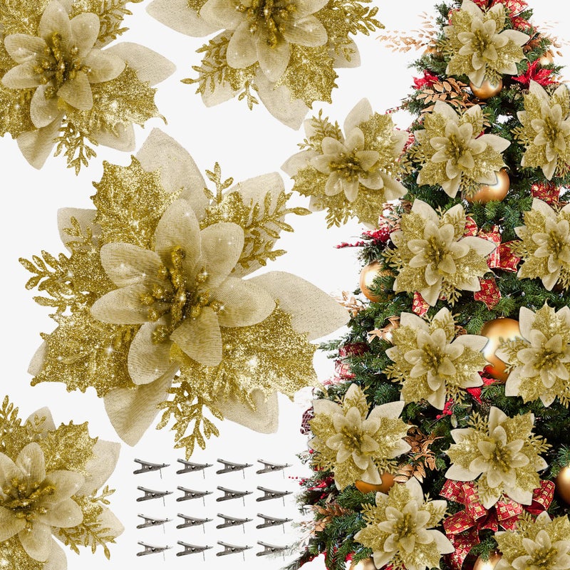 Childom 16 PCS Poinsettia Flower Artificial Poinsettia Christmas Decorations Glitter Poinsettias Christmas Ornaments Christmas Tree Flower Decorations with Clips DIY Xmas Wreath Holiday Weed Home Party Decor - Image 1