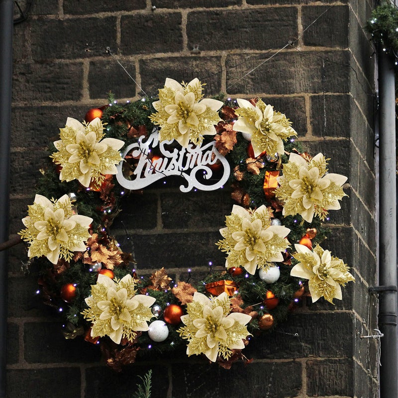 Childom 16 PCS Poinsettia Flower Artificial Poinsettia Christmas Decorations Glitter Poinsettias Christmas Ornaments Christmas Tree Flower Decorations with Clips DIY Xmas Wreath Holiday Weed Home Party Decor - Image 4