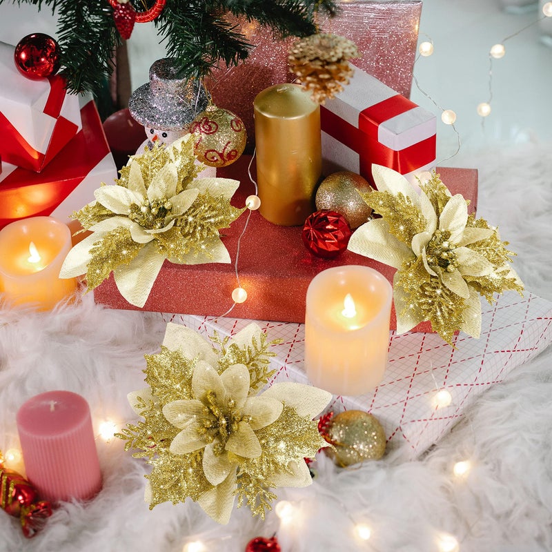 Childom 16 PCS Poinsettia Flower Artificial Poinsettia Christmas Decorations Glitter Poinsettias Christmas Ornaments Christmas Tree Flower Decorations with Clips DIY Xmas Wreath Holiday Weed Home Party Decor - Image 3