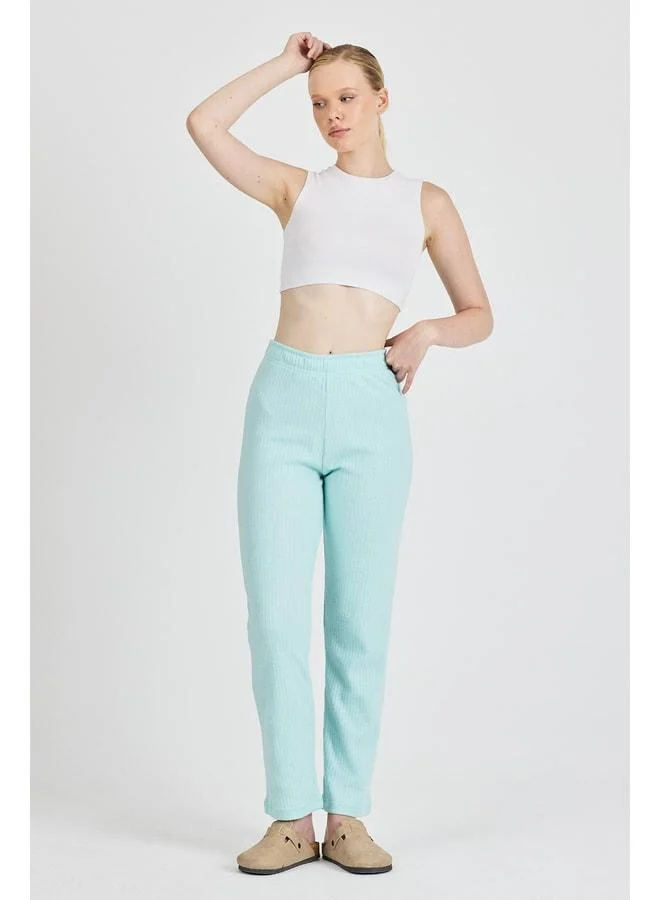Women's Light Green High-Waisted Ribbed Wide-Leg Daily Thin Jogger Pants Pajama.