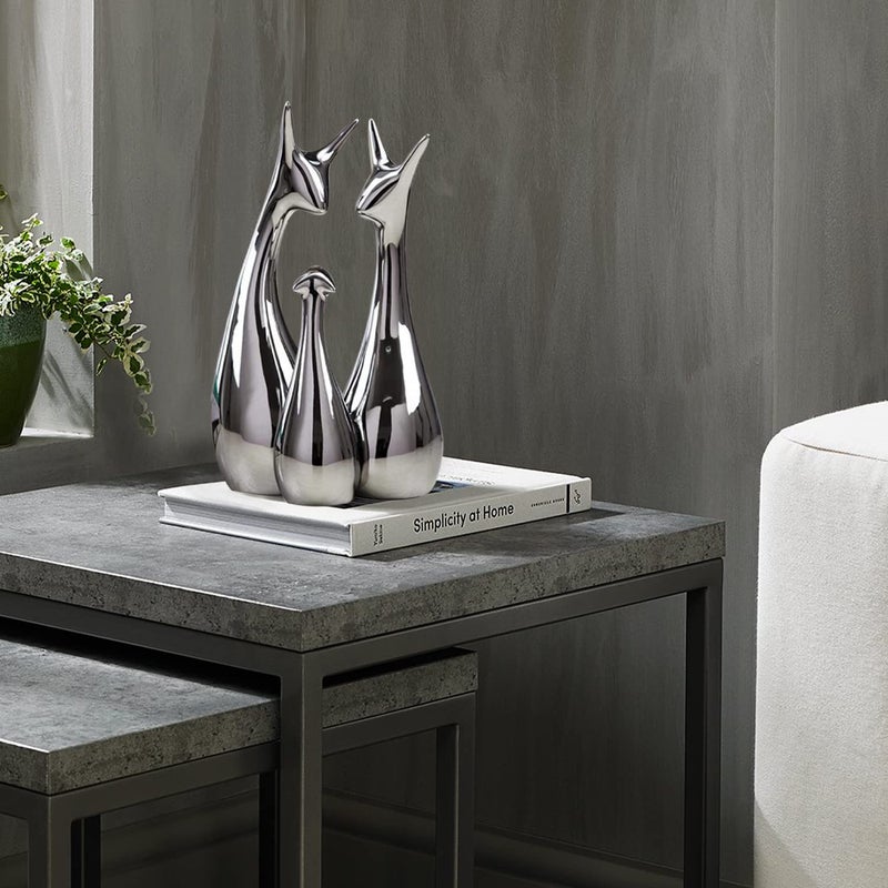 Xtore Home Decor Lucky Silver Deer Statue Family Piano Finish Ceramic Figures Set of 3 Silver Set - Image 2
