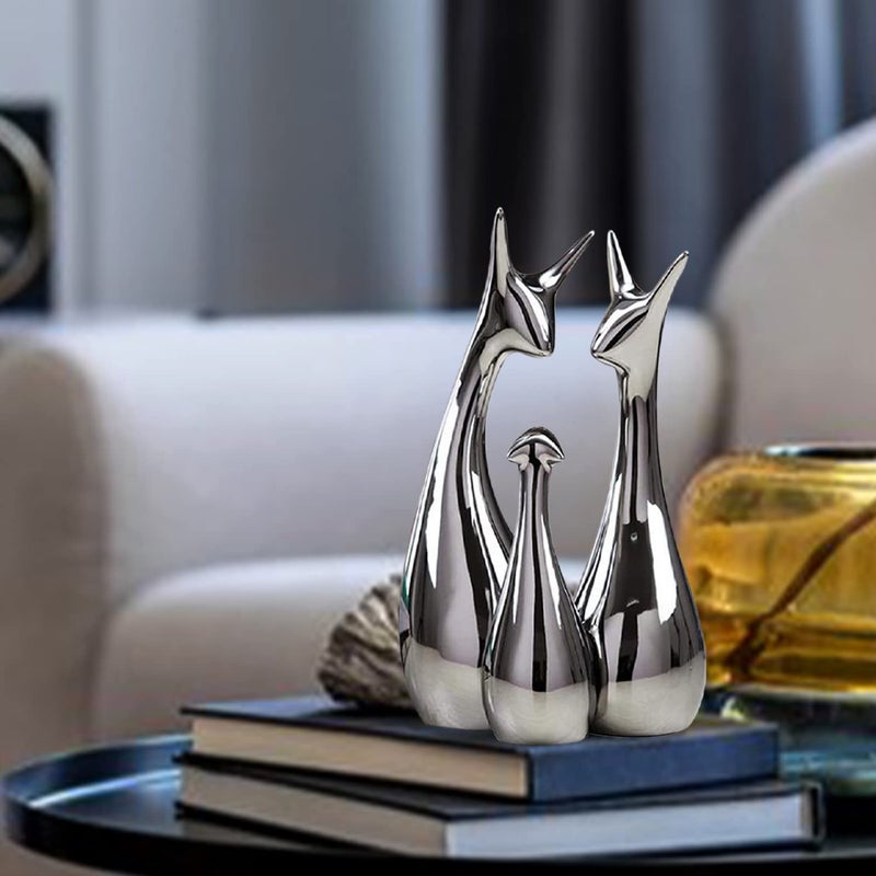 Xtore Home Decor Lucky Silver Deer Statue Family Piano Finish Ceramic Figures Set of 3 Silver Set - Image 5