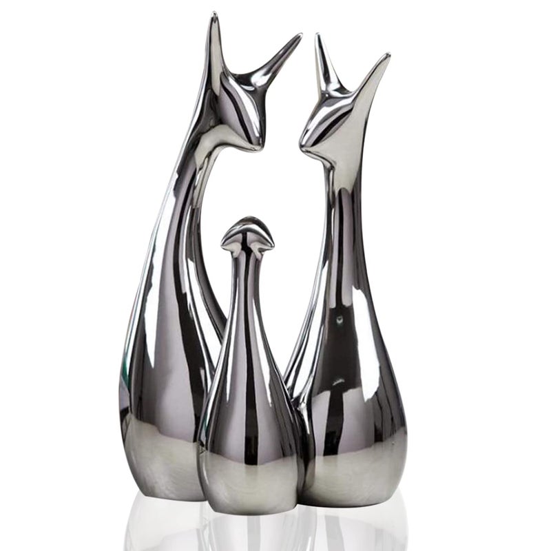 Xtore Home Decor Lucky Silver Deer Statue Family Piano Finish Ceramic Figures Set of 3 Silver Set - Image 1