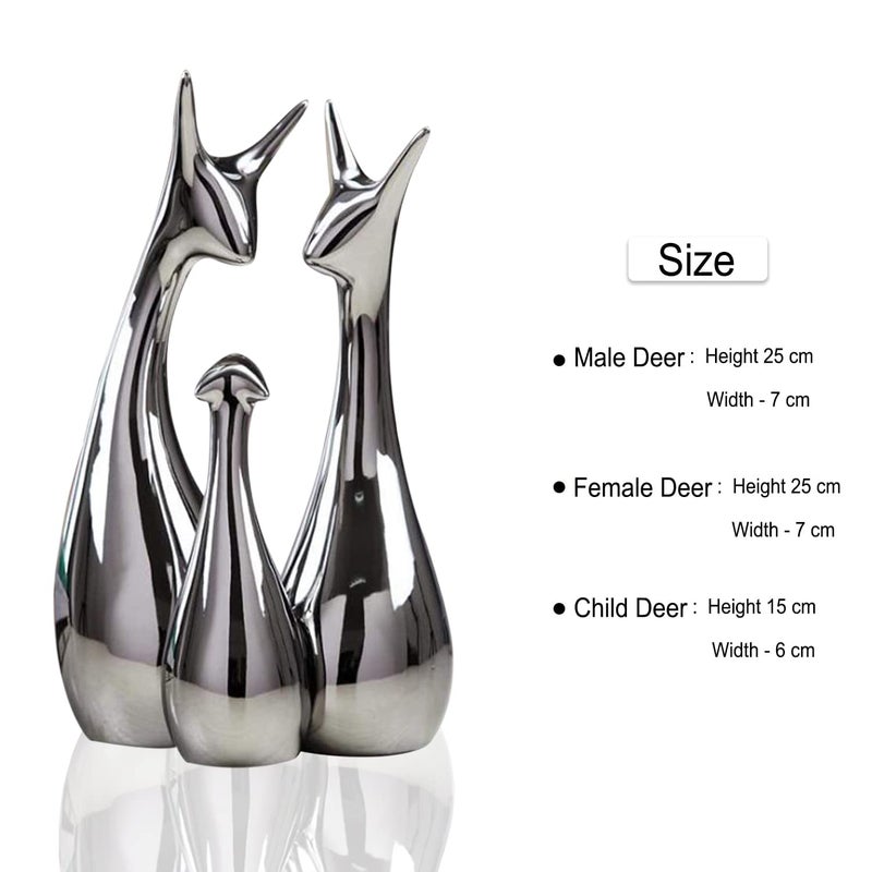 Xtore Home Decor Lucky Silver Deer Statue Family Piano Finish Ceramic Figures Set of 3 Silver Set - Image 4