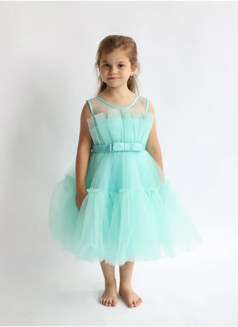 دىدانيالا D' Daniela - Toddler Girls Bow Front Ruffle Hem Mesh Gown Dress Sea Green