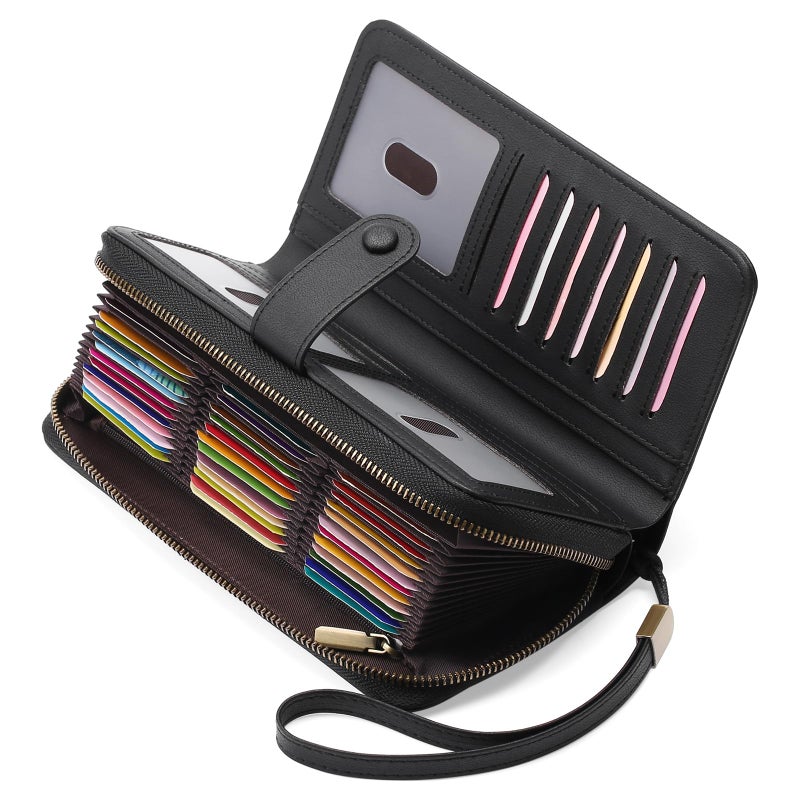 GAEKEAO Leather Credit Card Holder Wallet for Women RFID Blocking Large Capacity Bifold Zipper Card Case Organizer with Wristlet 45 Slots - Image 1