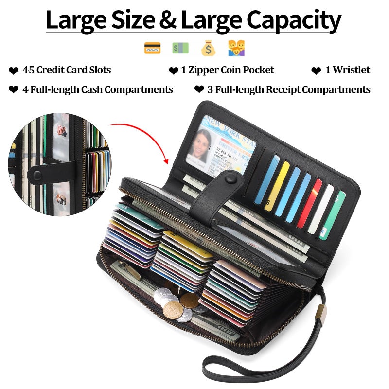 GAEKEAO Leather Credit Card Holder Wallet for Women RFID Blocking Large Capacity Bifold Zipper Card Case Organizer with Wristlet 45 Slots - Image 2