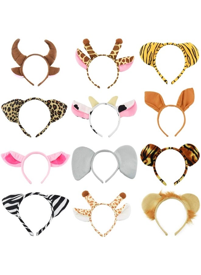 Jmkcoz 12 Pcs Zoo Animals Ears Headband Jungle Safari Animals Hairbands Plush Cartoon Headbands Elephant Lion Giraffe Tiger Zebra Leopard Cow Pig Ears Cosplay Hair Hoop for Birthday Halloween Costume Party - Image 2