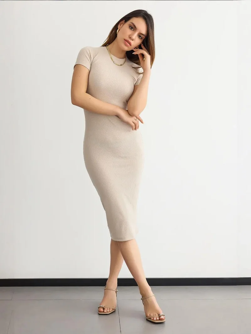 Mai Collection Basic High-Neck Short Sleeve Bodycon Midi Dress