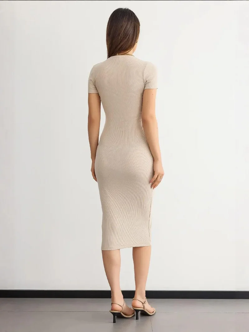 Mai Collection Basic High-Neck Short Sleeve Bodycon Midi Dress