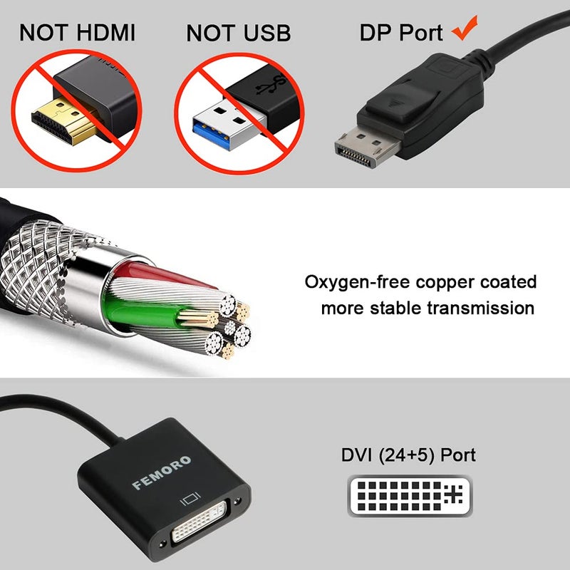 FEMORO DisplayPort to DVI Adapter Converter, Display Port DP to DVI-I Adapter Male to Female 1080P (Male to Female) Compatible with Computer, Desktop, Laptop, PC, Monitor, Projector, HDTV - Black - Image 2