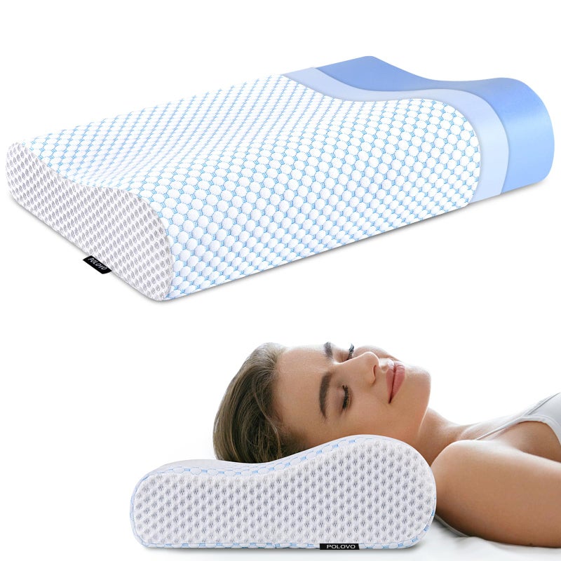 Memory Foam Pillows Neck Pillow for Pain Relief Ergonomic Cervical Pillow Neck Shoulder Support Bed Pillow for Side Back Stomach Sleeper Orthopedic Contour Pillow for SleepingBlueWhite