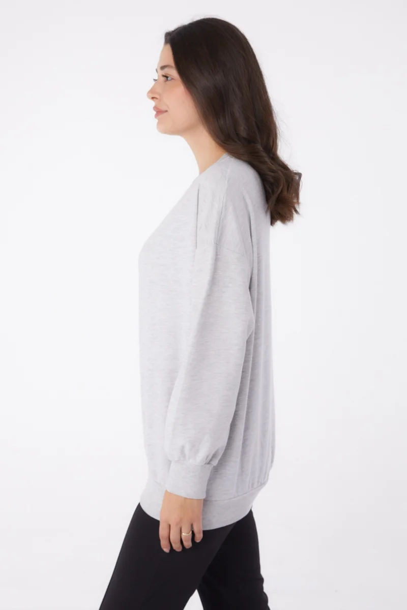 Tofisa Plain Crew Neck Women's Gray Cuffed Sweatshirt - 26046