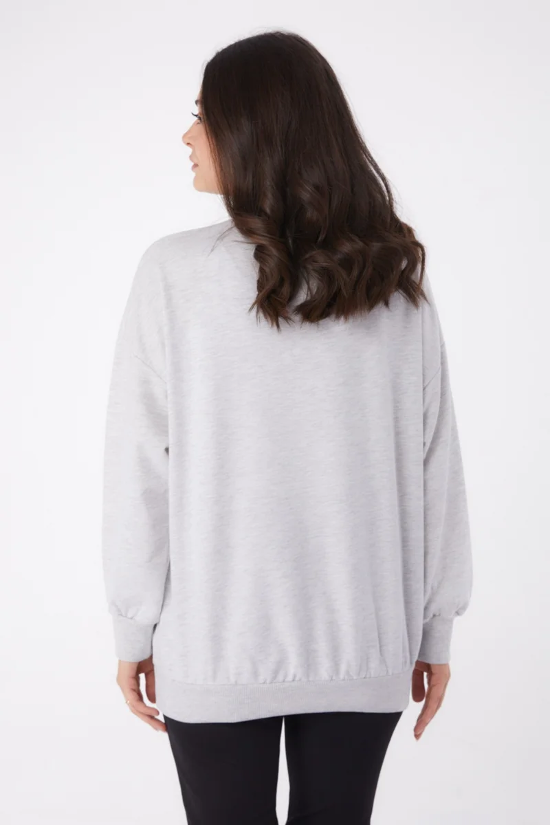 Tofisa Plain Crew Neck Women's Gray Cuffed Sweatshirt - 26046