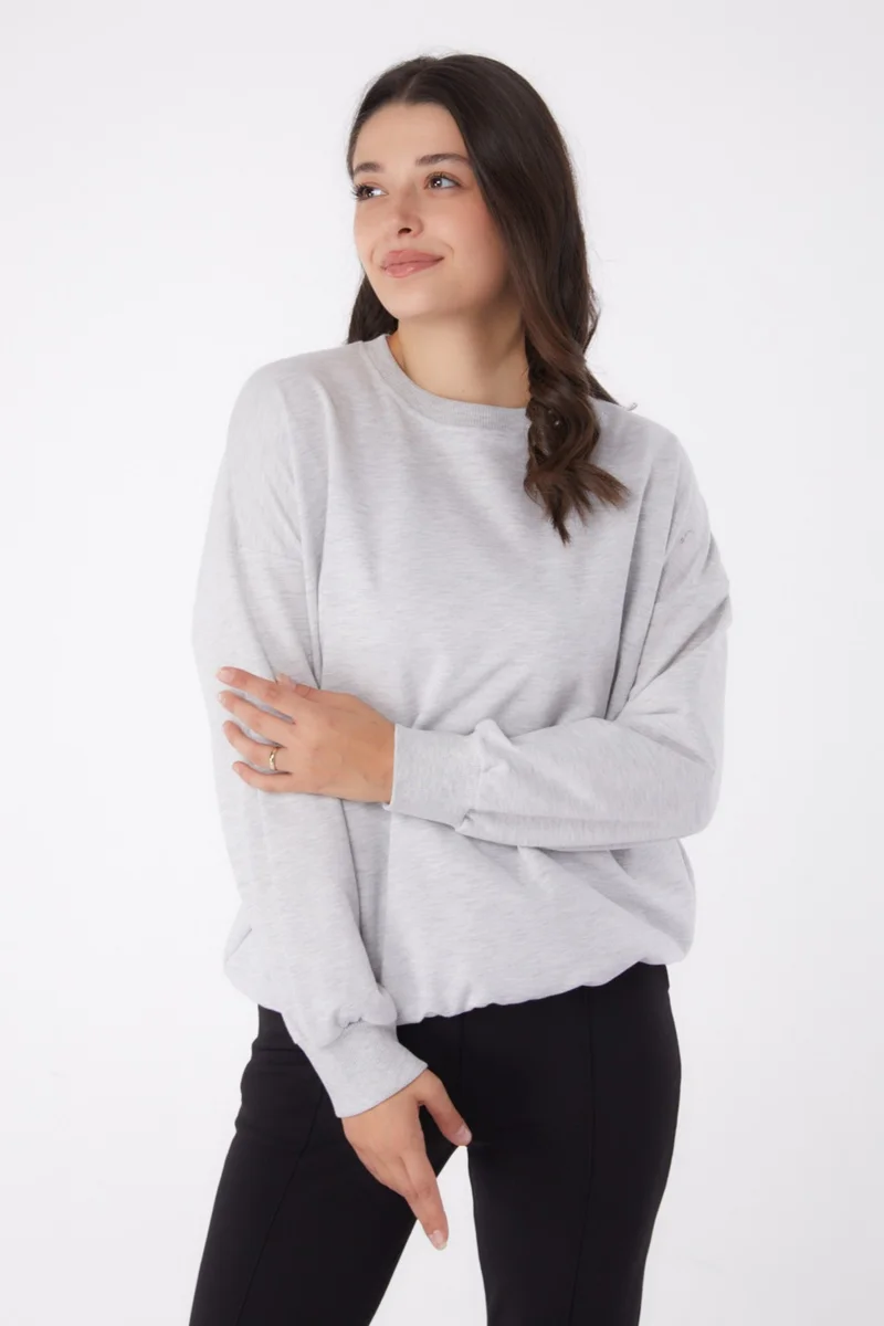 Tofisa Plain Crew Neck Women's Gray Cuffed Sweatshirt - 26046