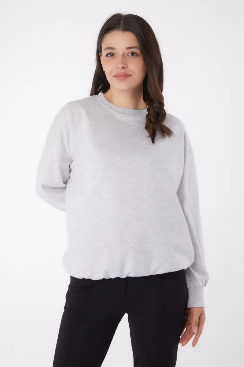 Tofisa Plain Crew Neck Women's Gray Cuffed Sweatshirt - 26046
