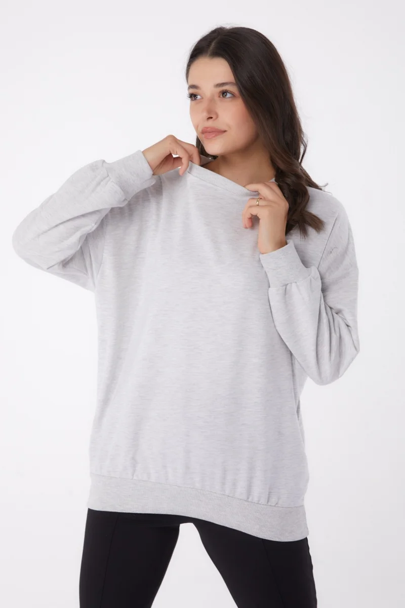 Tofisa Plain Crew Neck Women's Gray Cuffed Sweatshirt - 26046