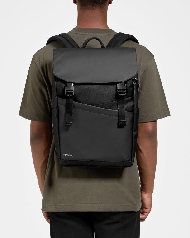 tomtoc Flap Laptop Backpack, Lightweight, Water-Resistant College Travel Casual Daypack, Slim Durable Work-pack Rucksack for 13-16 Inch MacBook Laptop, Large Capacity, 18L, Black - Image 2
