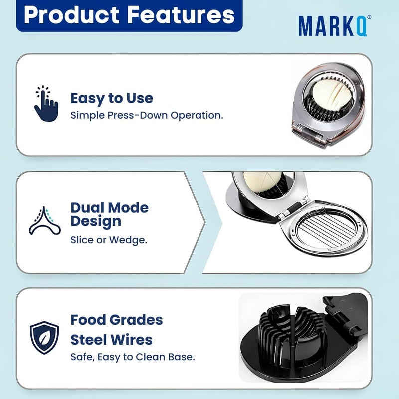 MARKQ 2 in 1 Stainless Steel Egg Slicer – Heavy Duty Cutter for Hard Boiled Eggs, Strawberries, Salads, Sandwiches & Fruit Garnish, Manual Operation with Two Slicing Disks (Silver) - Image 4