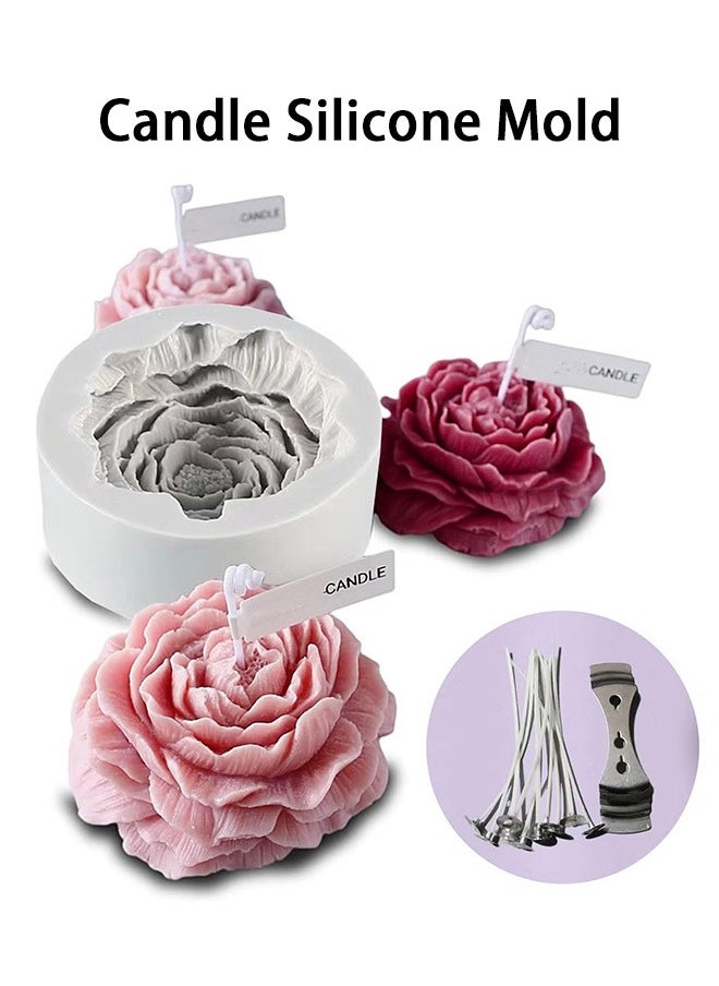GMORO Flower Silicone Mold for Resin Candle ,3D Soap Mould Cake Fondant Chocolate Epoxy Casting Craft Handmade Gift,15-Piece Candle Wicks White 10cm,1-Piece Wick Holder Set Silver One Size Peony  - Image 1