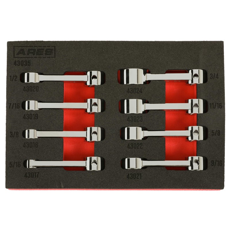 ARES 43035 8Piece SAE 12Point Box End Torque Adapter Extension Set 38Inch Drive 2Inch Extensions for Torquing in Hard to Reach Places Chrome Vanadium Steel Construction EVA Foam Tray