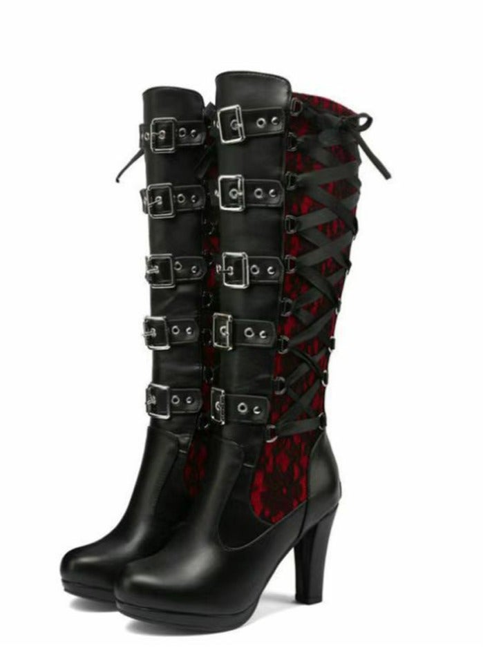 Loquat Women Lace Goth Knee High Boots Buckle Block Heel Lace Up Knee Boots Punk Platform Back Zipper Riding Bootie Red/Black  - Image 1