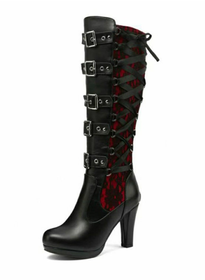 Loquat Women Lace Goth Knee High Boots Buckle Block Heel Lace Up Knee Boots Punk Platform Back Zipper Riding Bootie Red/Black  - Image 2