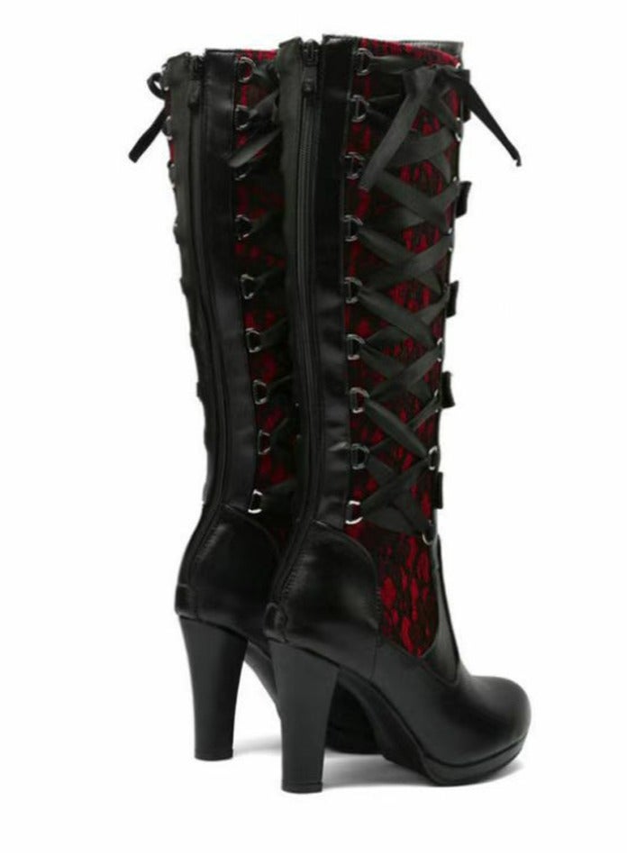 Loquat Women Lace Goth Knee High Boots Buckle Block Heel Lace Up Knee Boots Punk Platform Back Zipper Riding Bootie Red/Black  - Image 3