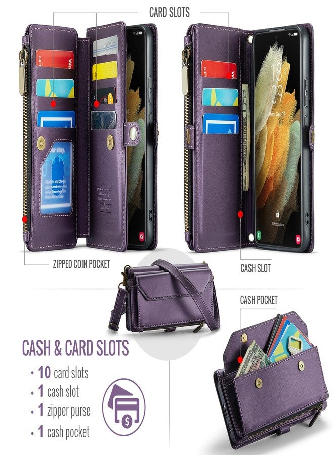 أسو ويش جراب هاتف Asuwish لهاتف سامسونج جالاكسي S21 ألترا 5G، غطاء محفظة بسحاب مع واقي شاشة من الزجاج المقوى وحامل بطاقات نقدية قابل للطي مع خاصية حجب RFID، لون بنفسجي للنساء والفتيات - Image 3