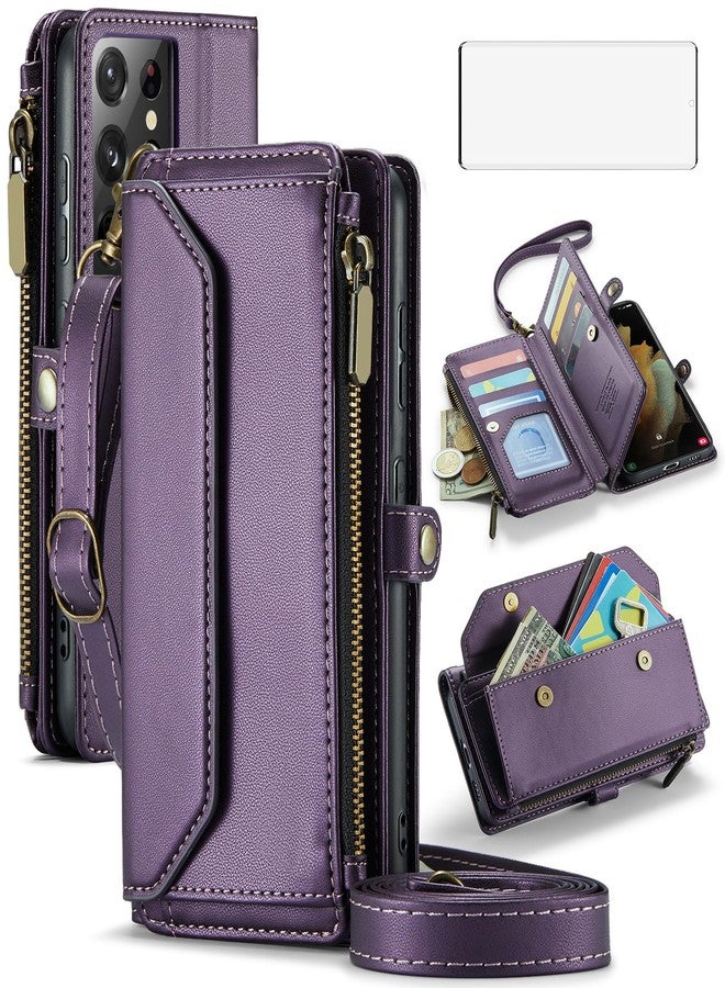 أسو ويش جراب هاتف Asuwish لهاتف سامسونج جالاكسي S21 ألترا 5G، غطاء محفظة بسحاب مع واقي شاشة من الزجاج المقوى وحامل بطاقات نقدية قابل للطي مع خاصية حجب RFID، لون بنفسجي للنساء والفتيات - Image 1
