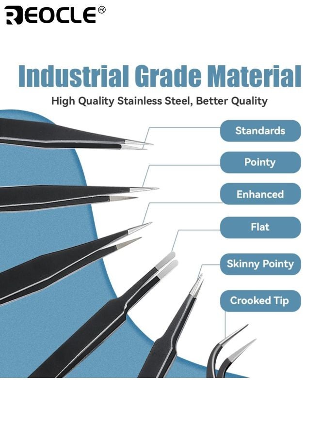 ريوكل 6 قطع مجموعة ملاقط دقيقة أدوات إصلاح إلكترونيات من الفولاذ المقاوم للصدأ المضادة للكهرباء الساكنة مع نصائح منحنية ومستقيمة لصياغة المختبرات وصنع المجوهرات للمحترفين والهواة - Image 2