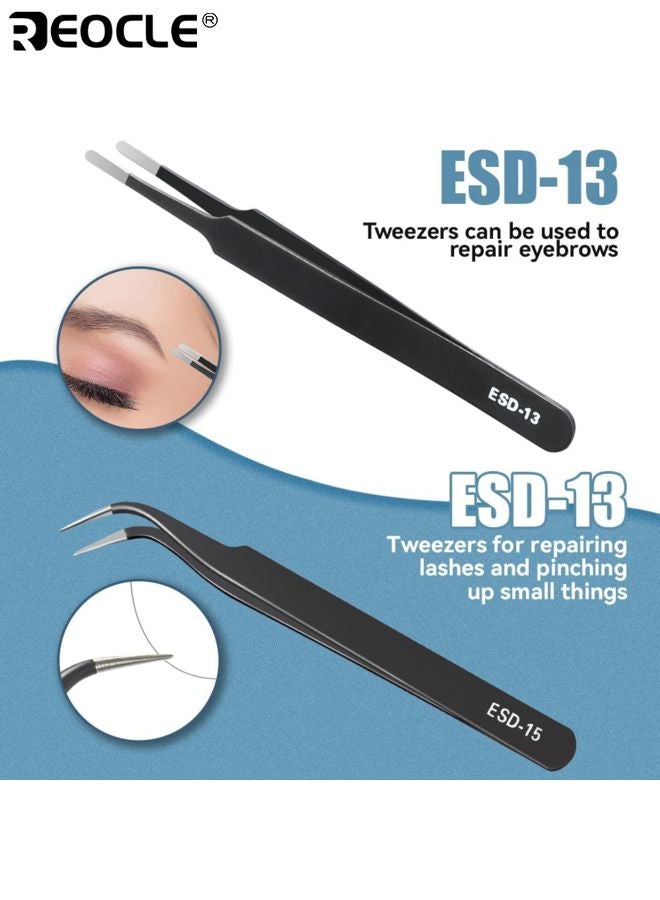 ريوكل 6 قطع مجموعة ملاقط دقيقة أدوات إصلاح إلكترونيات من الفولاذ المقاوم للصدأ المضادة للكهرباء الساكنة مع نصائح منحنية ومستقيمة لصياغة المختبرات وصنع المجوهرات للمحترفين والهواة - Image 4
